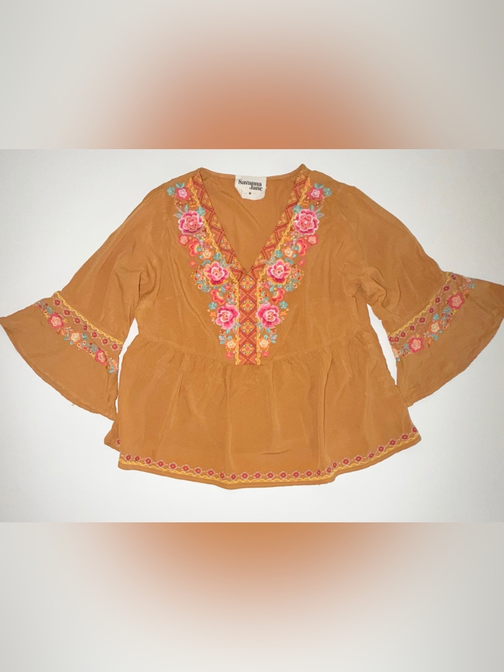 Savanna Jane Top Blouse Embroidered Pink 100% Rayon Bell Sleeve Soft Size M